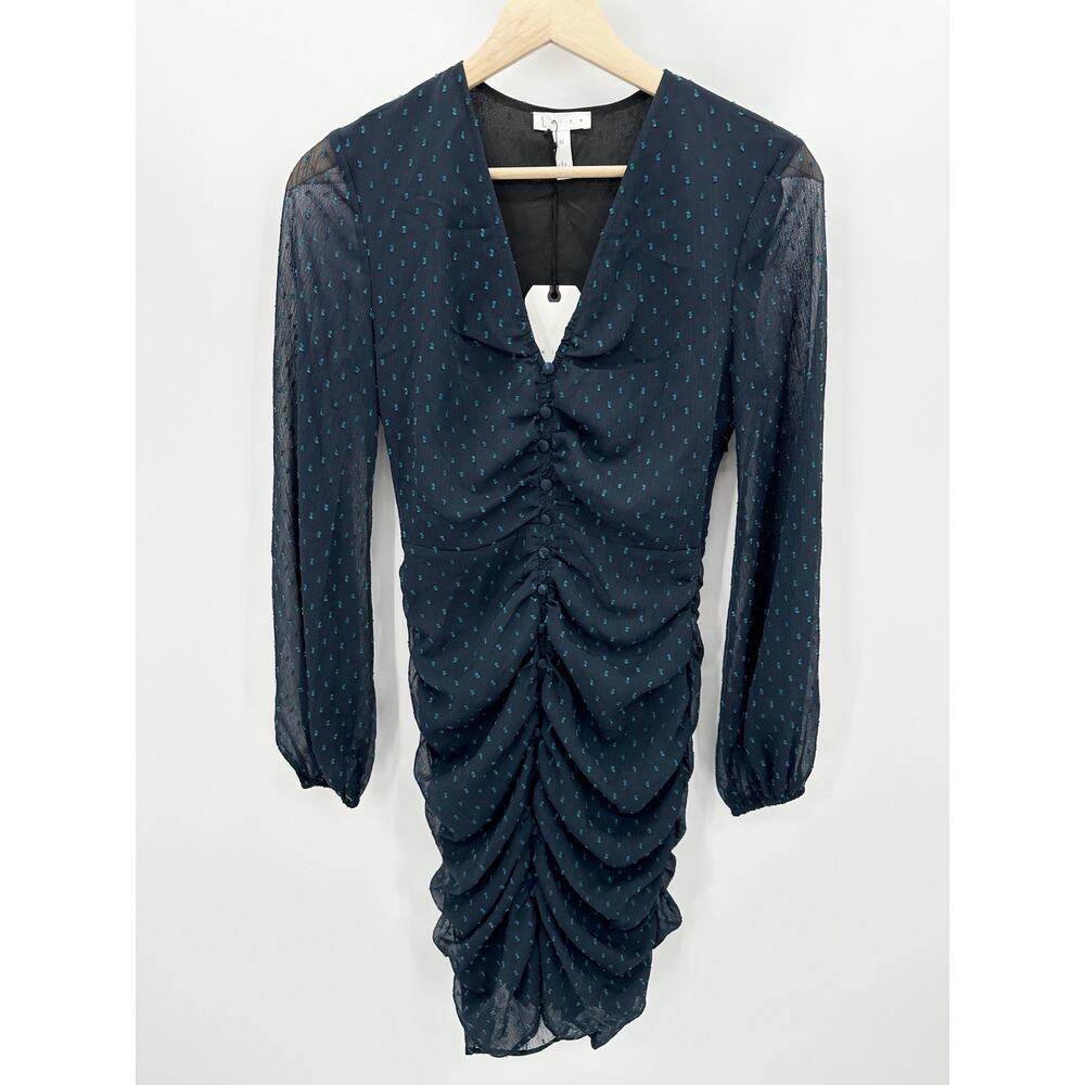 Leith Dress Women XS NWT Navy Blue Polka Dot Long Sleeve Ruched V-Neck Mini